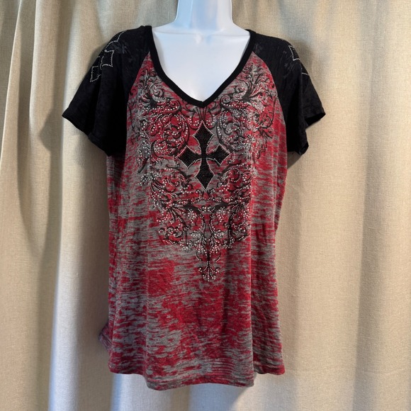 Vocal Cross T Shirt Black Red Gray Burnout Embellished Short Sleeve - Picture 1 of 8